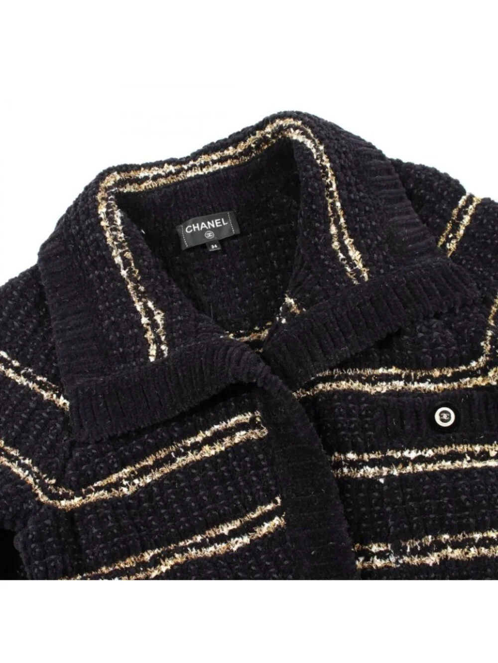 Chanel CC Logo Button Knit Wool Coat Navy White
